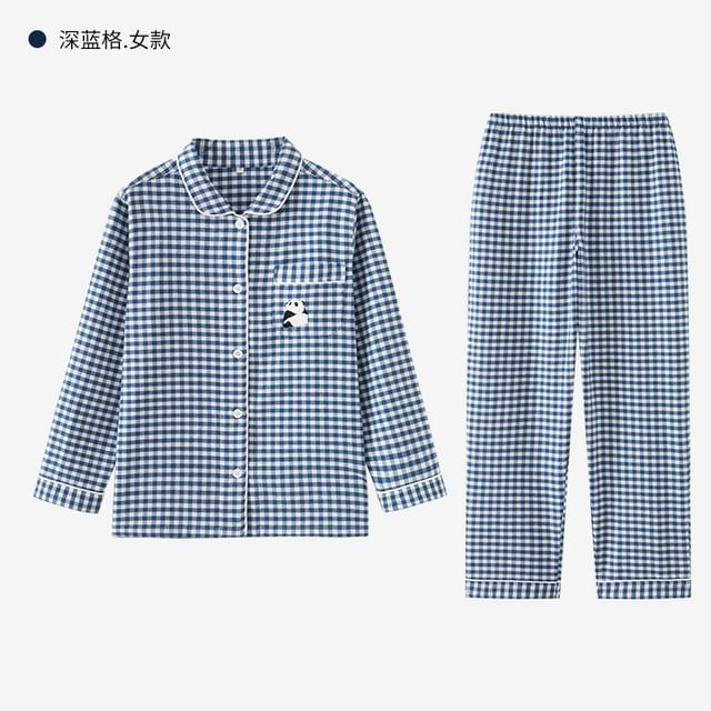 Couple Matching Pajama Set: Long-Sleeve Collared Gingham Panda Embroidered Button-Up Top + Pants