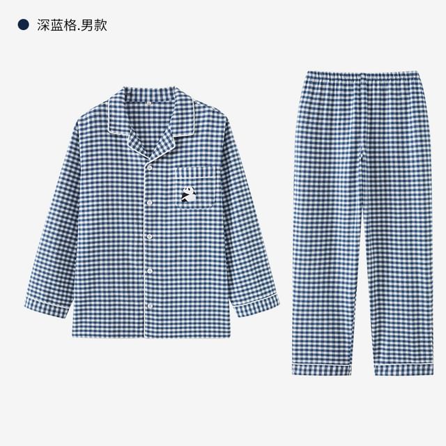Couple Matching Pajama Set: Long-Sleeve Collared Gingham Panda Embroidered Button-Up Top + Pants