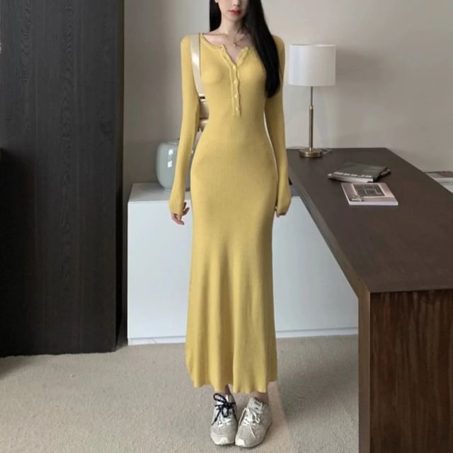 Ribbed Half-Buttoned Knit Sheath Maxi Dress