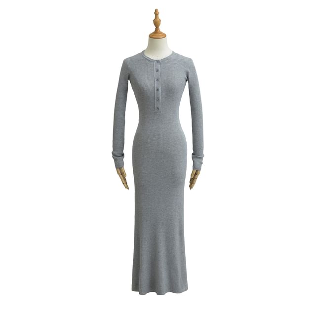 Ribbed Half-Buttoned Knit Sheath Maxi Dress