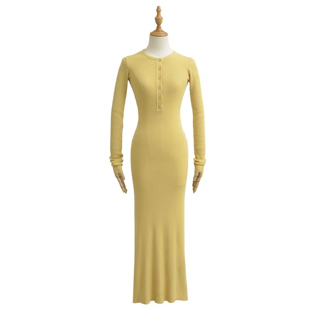 Ribbed Half-Buttoned Knit Sheath Maxi Dress