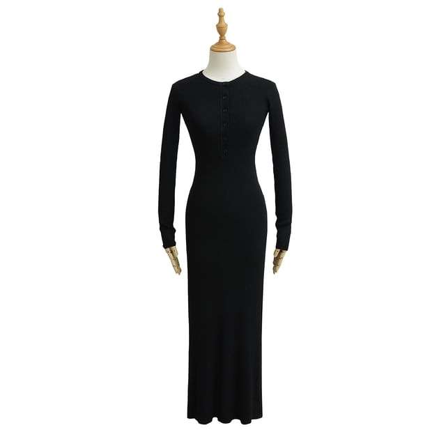 Ribbed Half-Buttoned Knit Sheath Maxi Dress