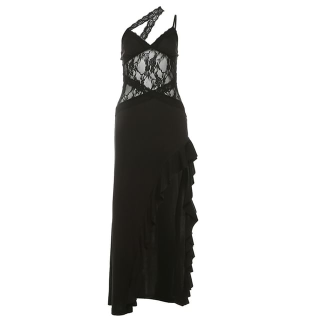 One Shoulder Ruffle Bodycon Maxi Dress with Lace