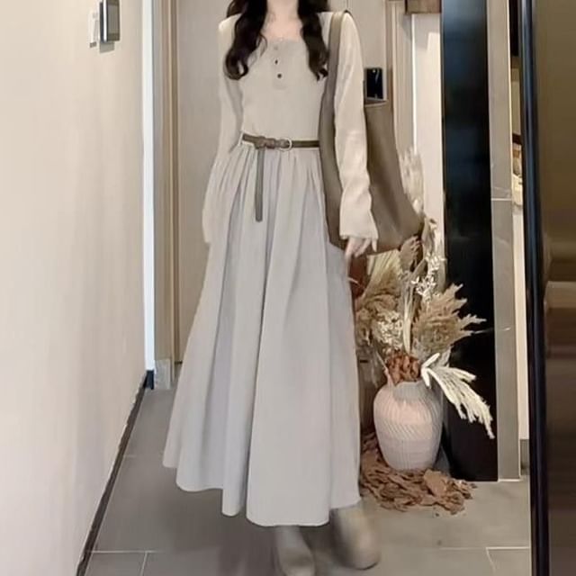 Square Neck Long-Sleeved Plain Maxi A-Line Dress