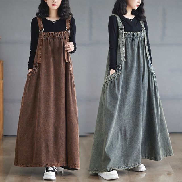 Washed Denim A-Line Overall Maxi Dress
