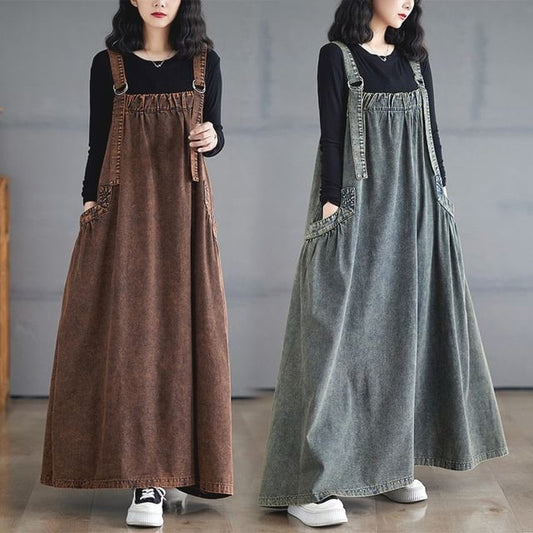 Washed Denim A-Line Overall Maxi Dress