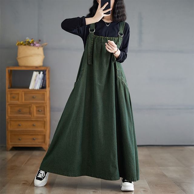 Washed Denim A-Line Overall Maxi Dress