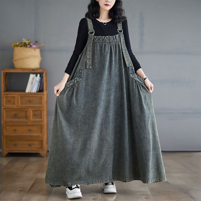 Washed Denim A-Line Overall Maxi Dress