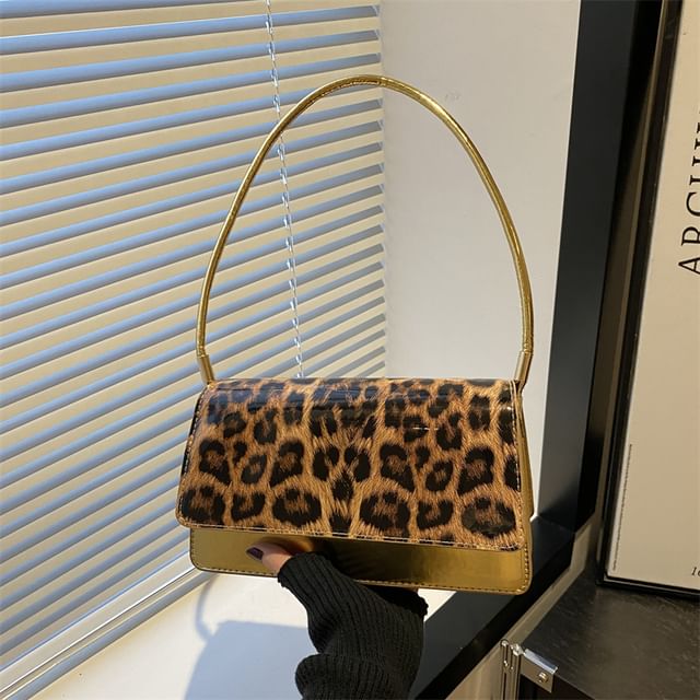 Leopard Print Faux Leather Flap Shoulder Bag