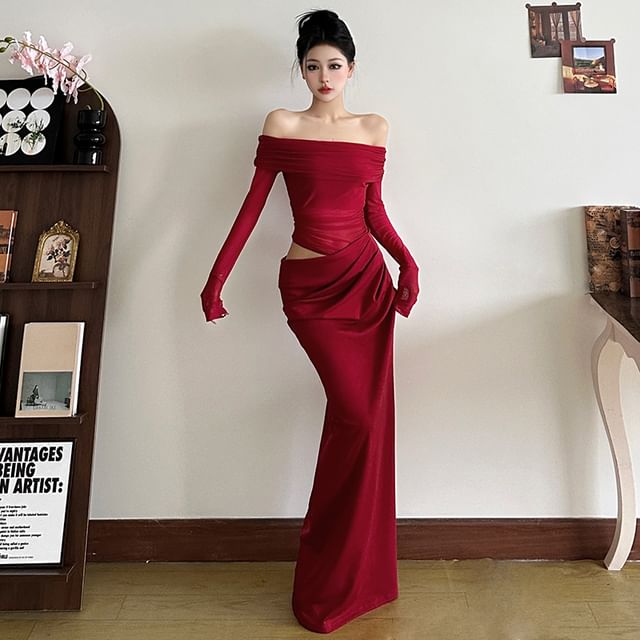 Off Shoulder Sheath Maxi Dress with Long Sleeves