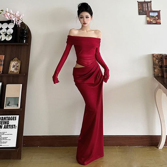 Off Shoulder Sheath Maxi Dress with Long Sleeves