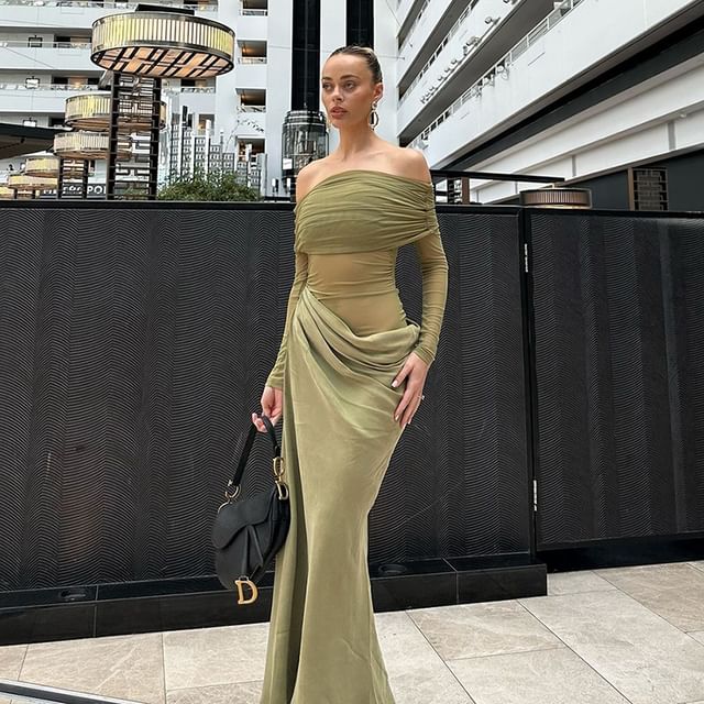 Off Shoulder Sheath Maxi Dress with Long Sleeves