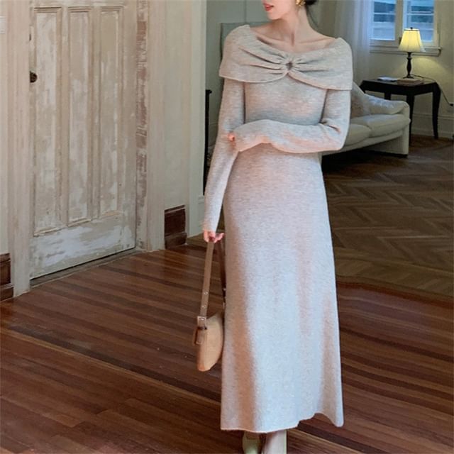 Off Shoulder Ribbed Knit A-Line Maxi Dress