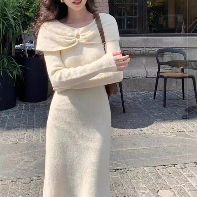 Off Shoulder Ribbed Knit A-Line Maxi Dress