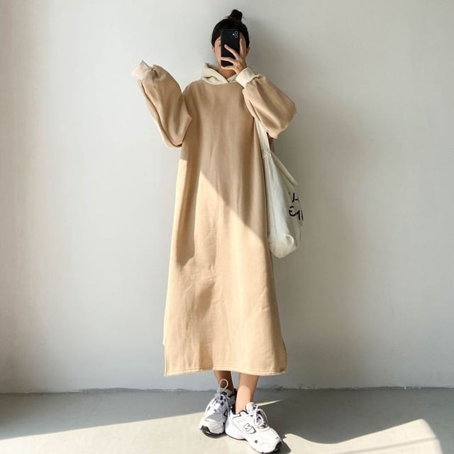 Two Tone Puff Sleeve Hoodie Maxi Dress