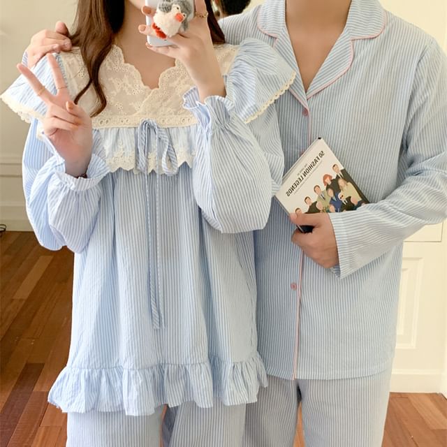 Couple Matching Pajama Set: Long-Sleeve Striped Top + Pants