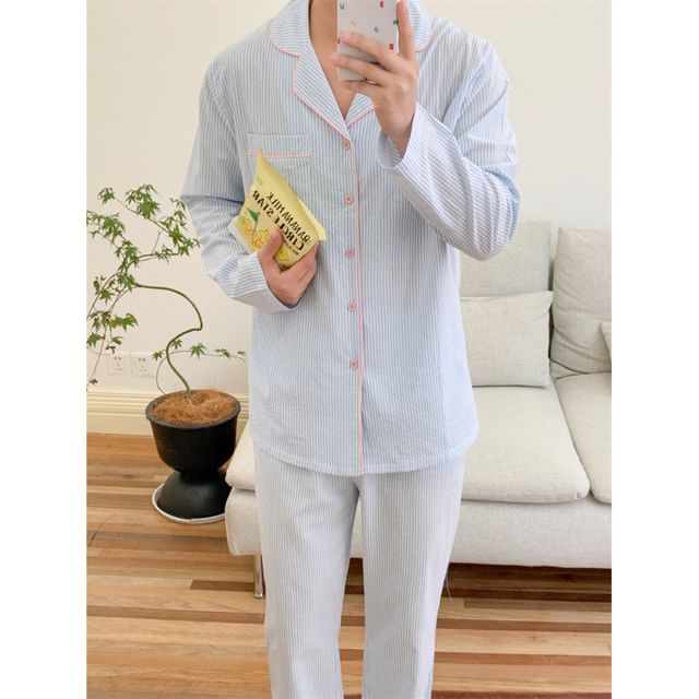 Couple Matching Pajama Set: Long-Sleeve Striped Top + Pants