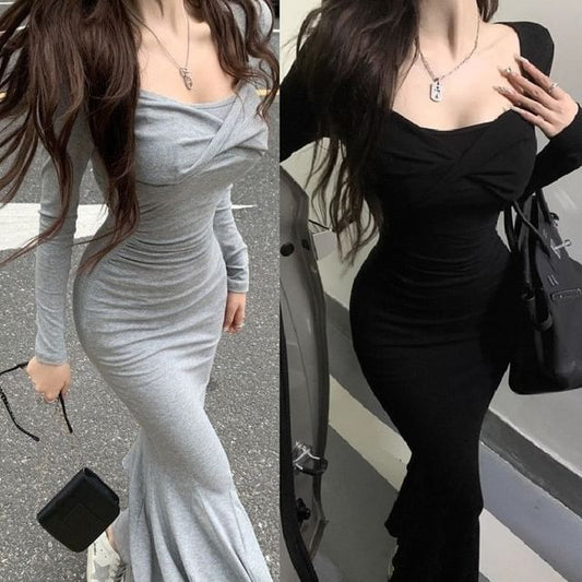 Square-Neck Twisted Slim-Fit Fishtail Maxi Bodycon Dress