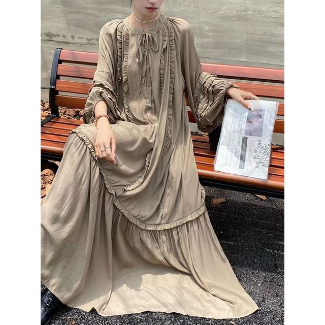 Tie Neck Frill Panel A-Line Maxi Dress, Long Sleeve