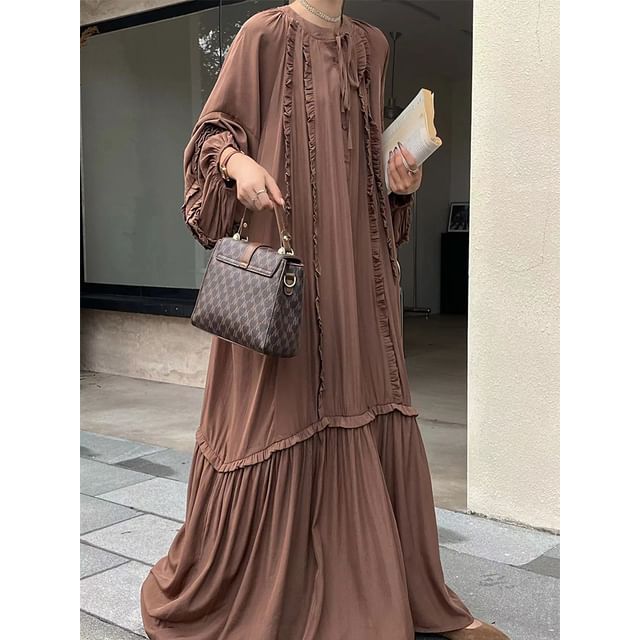 Tie Neck Frill Panel A-Line Maxi Dress, Long Sleeve