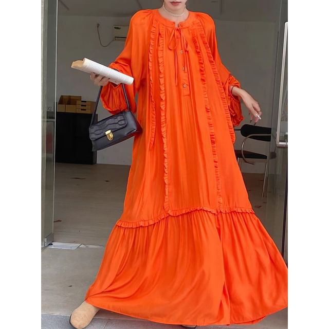 Tie Neck Frill Panel A-Line Maxi Dress, Long Sleeve