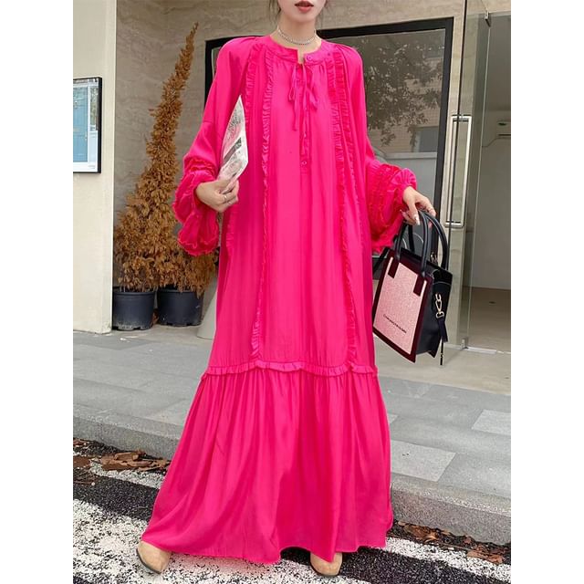 Tie Neck Frill Panel A-Line Maxi Dress, Long Sleeve