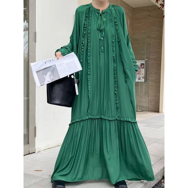 Tie Neck Frill Panel A-Line Maxi Dress, Long Sleeve