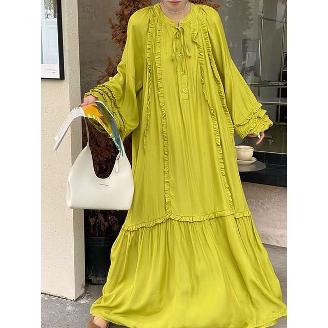 Tie Neck Frill Panel A-Line Maxi Dress, Long Sleeve
