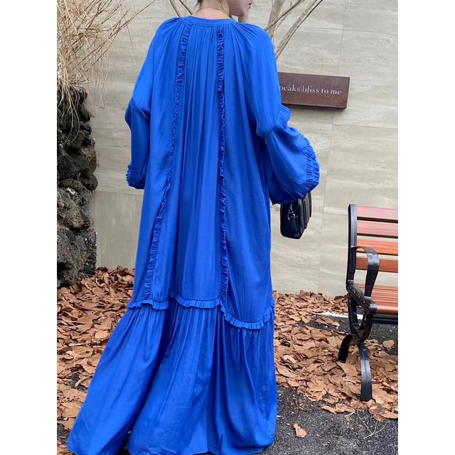 Tie Neck Frill Panel A-Line Maxi Dress, Long Sleeve