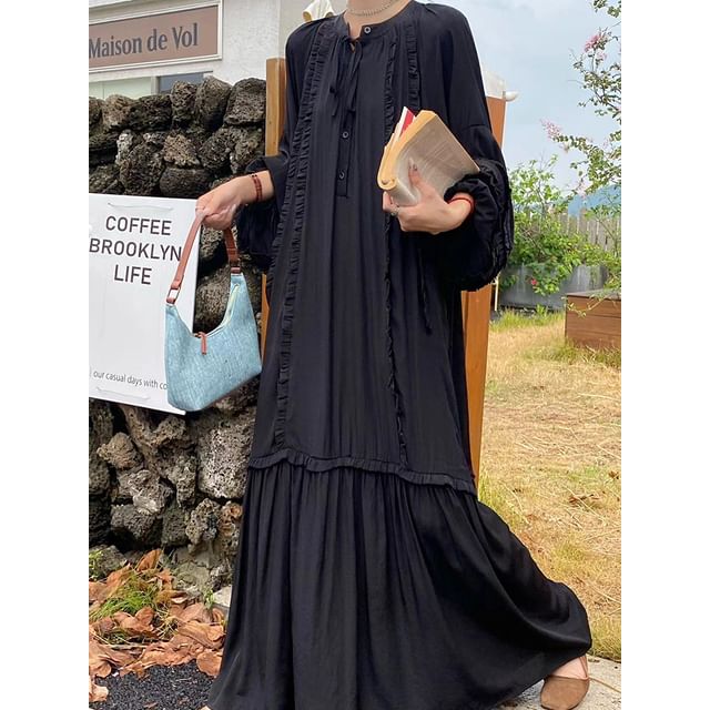 Tie Neck Frill Panel A-Line Maxi Dress, Long Sleeve