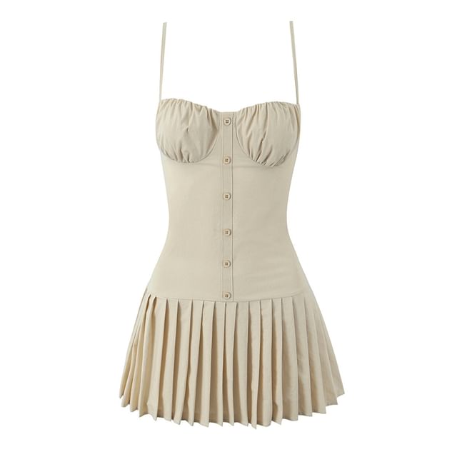 Ruched Pleated Mini A-Line Dress with Button Accent