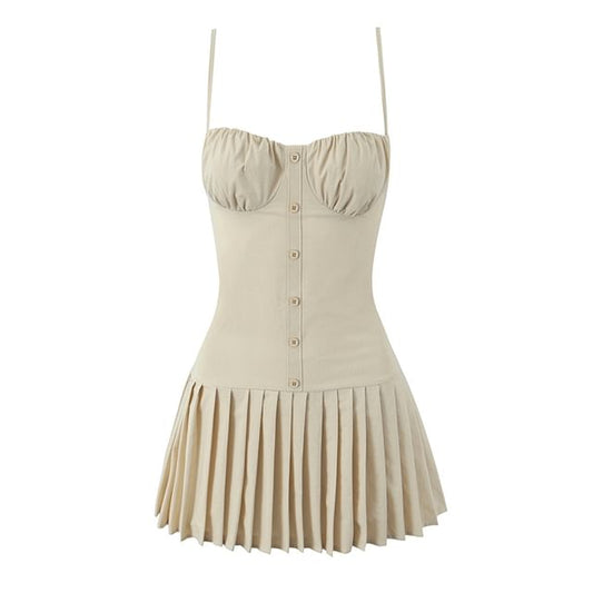 Ruched Pleated Mini A-Line Dress with Button Accent