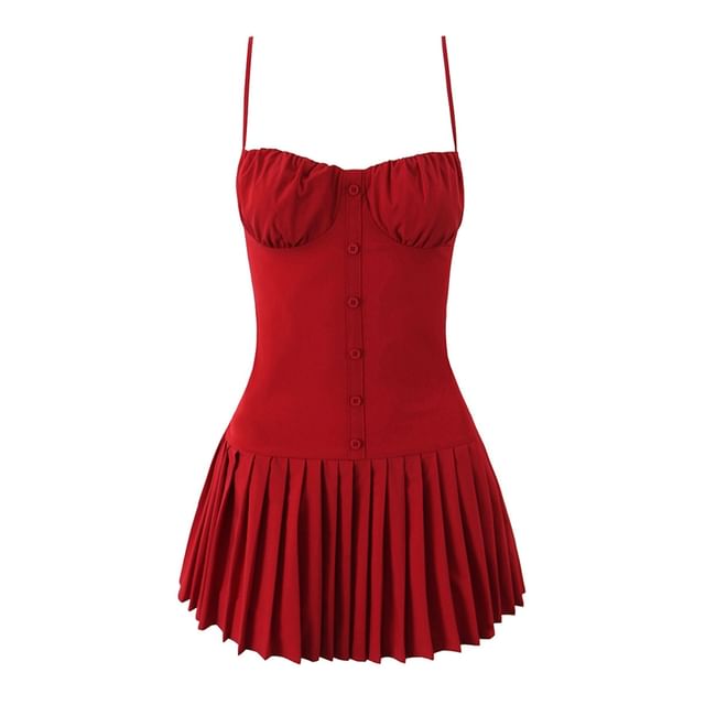 Ruched Pleated Mini A-Line Dress with Button Accent