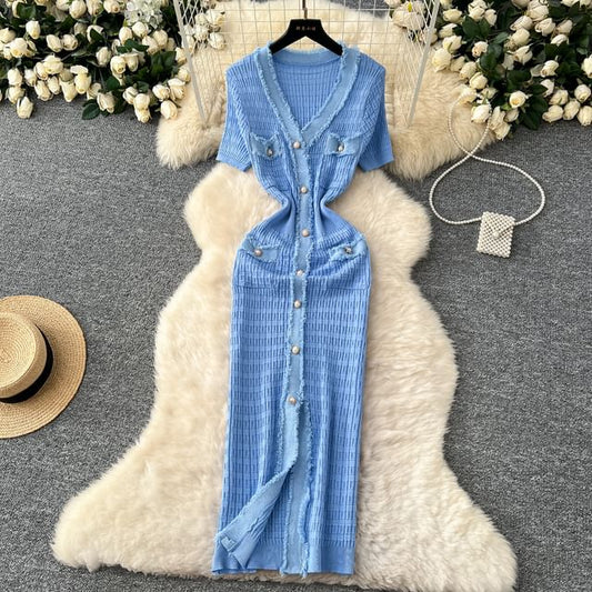 Short Sleeve V-Neck Knit Sheath Dress with Fray Pearl Buttons