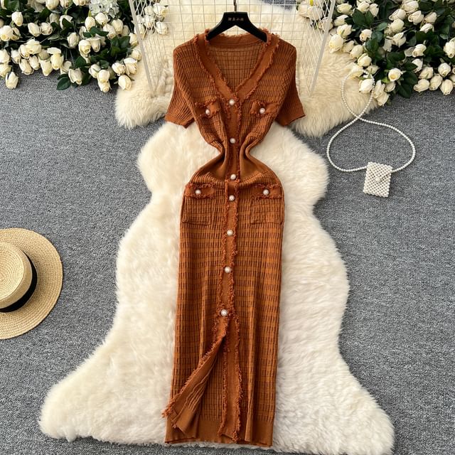 Short Sleeve V-Neck Knit Sheath Dress with Fray Pearl Buttons