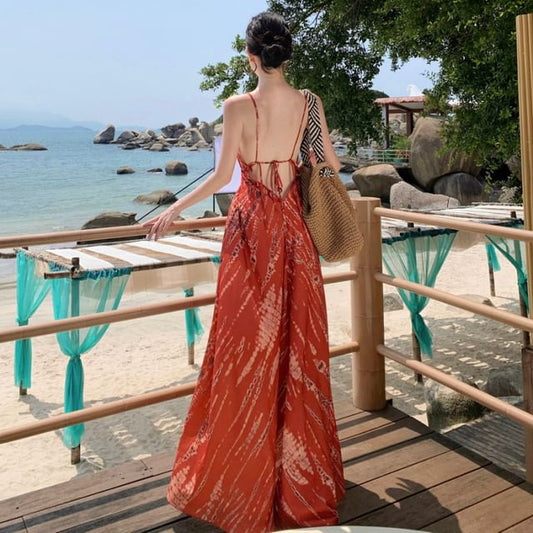 V-Neck Tie Dye High Low Open Back A-Line Dress