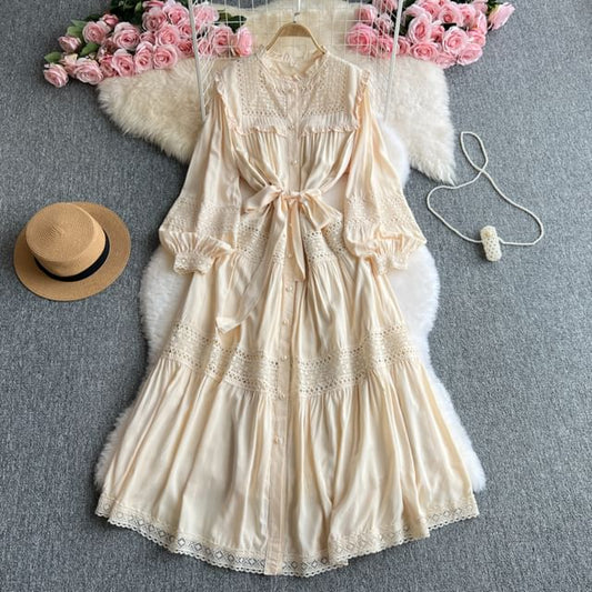 Stand Collar Lace Panel Frill Trim Button-Up Long-Sleeved Maxi Dress