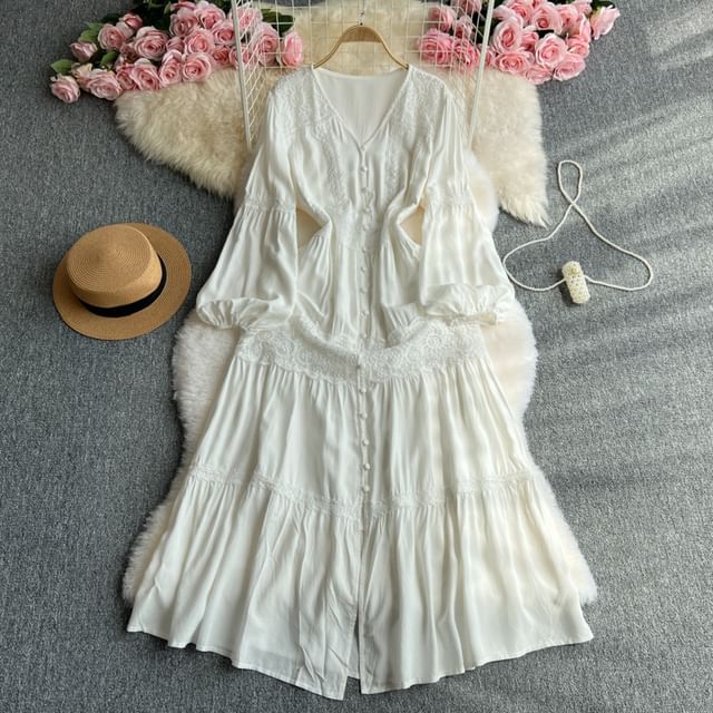 Lace Panel Button-Up V-Neck Long-Sleeved Maxi A-Line Dress