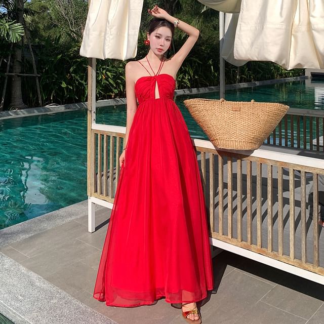 Halter Neck Cutout Ruched Open Back Maxi A-Line Dress