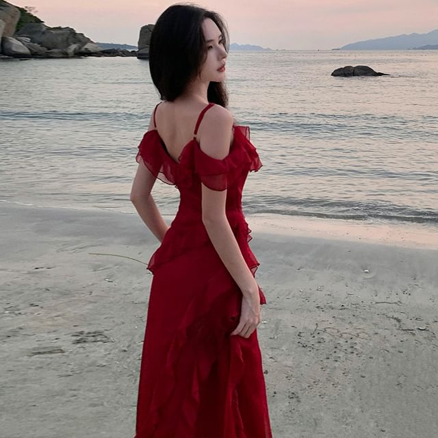 Cold Shoulder Scoop Neck Maxi A-Line Dress with Ruffle Trim