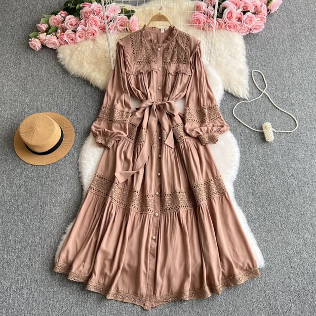 Stand Collar Lace Panel Frill Trim Button-Up Long-Sleeved Maxi Dress
