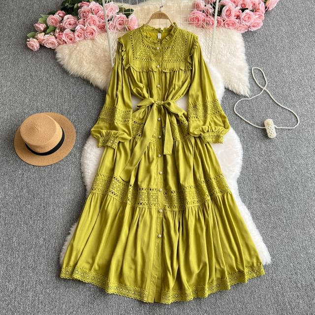 Stand Collar Lace Panel Frill Trim Button-Up Long-Sleeved Maxi Dress