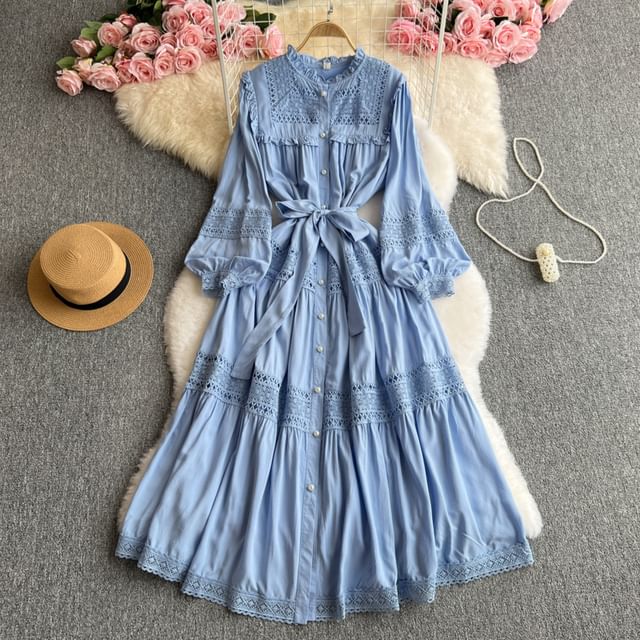 Stand Collar Lace Panel Frill Trim Button-Up Long-Sleeved Maxi Dress