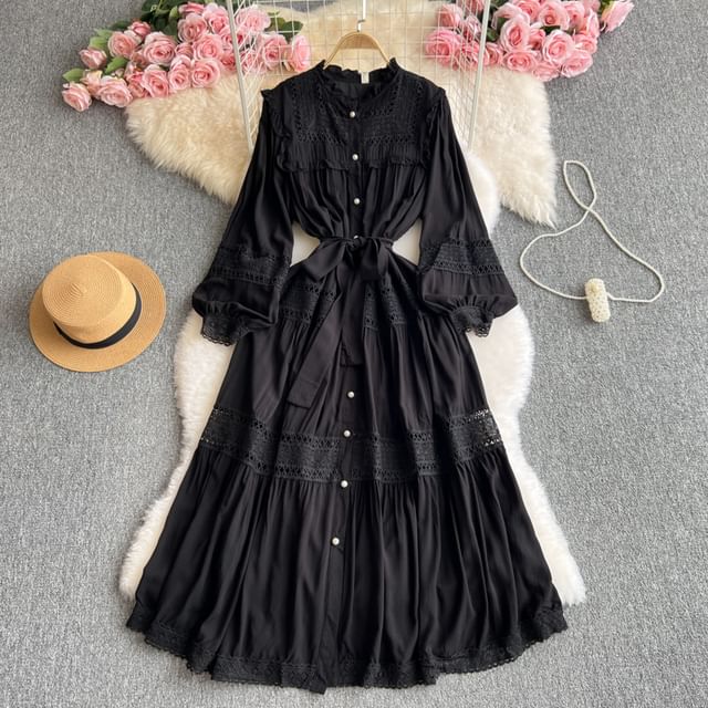Stand Collar Lace Panel Frill Trim Button-Up Long-Sleeved Maxi Dress