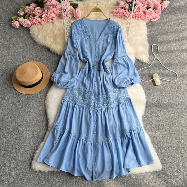 Lace Panel Button-Up V-Neck Long-Sleeved Maxi A-Line Dress