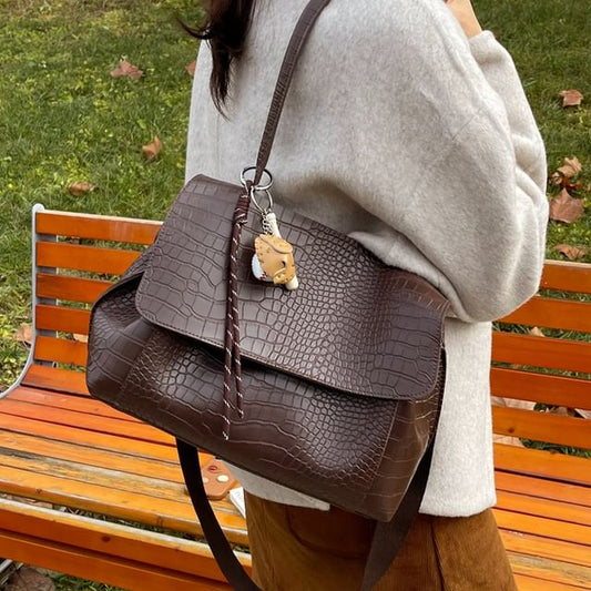 Faux Croc Leather Flap Shoulder Bag