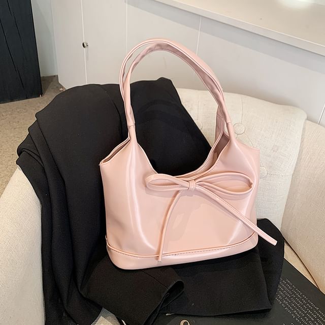 Faux Leather Plain Bowknot Shoulder Bag