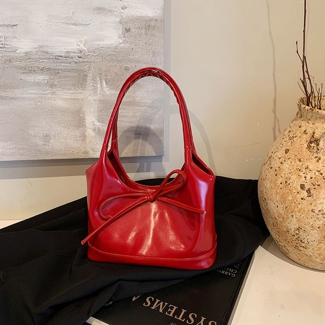 Faux Leather Plain Bowknot Shoulder Bag