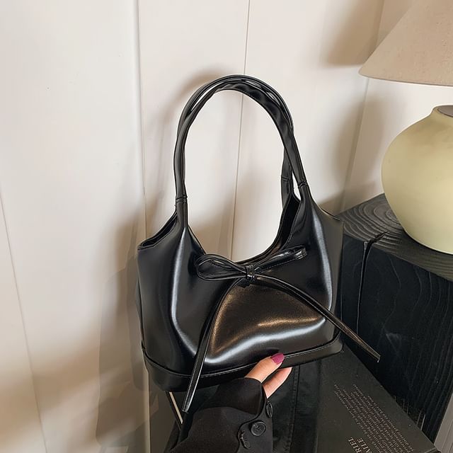Faux Leather Plain Bowknot Shoulder Bag