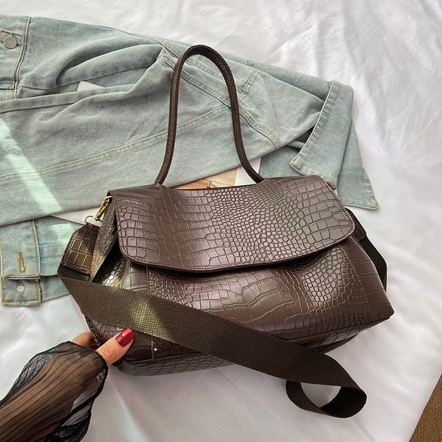 Faux Croc Leather Flap Shoulder Bag